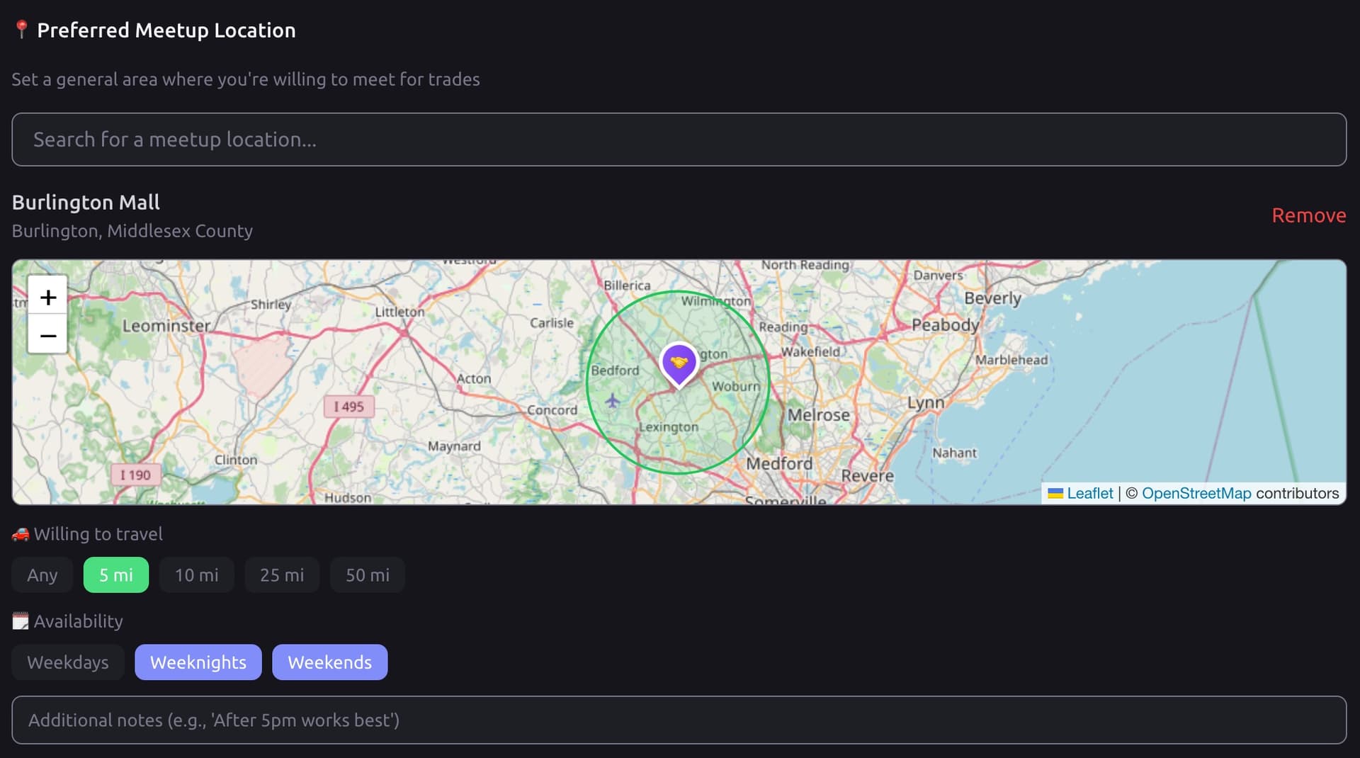Interactive map and exchange options showing meetup location, local card shops, and upcoming events